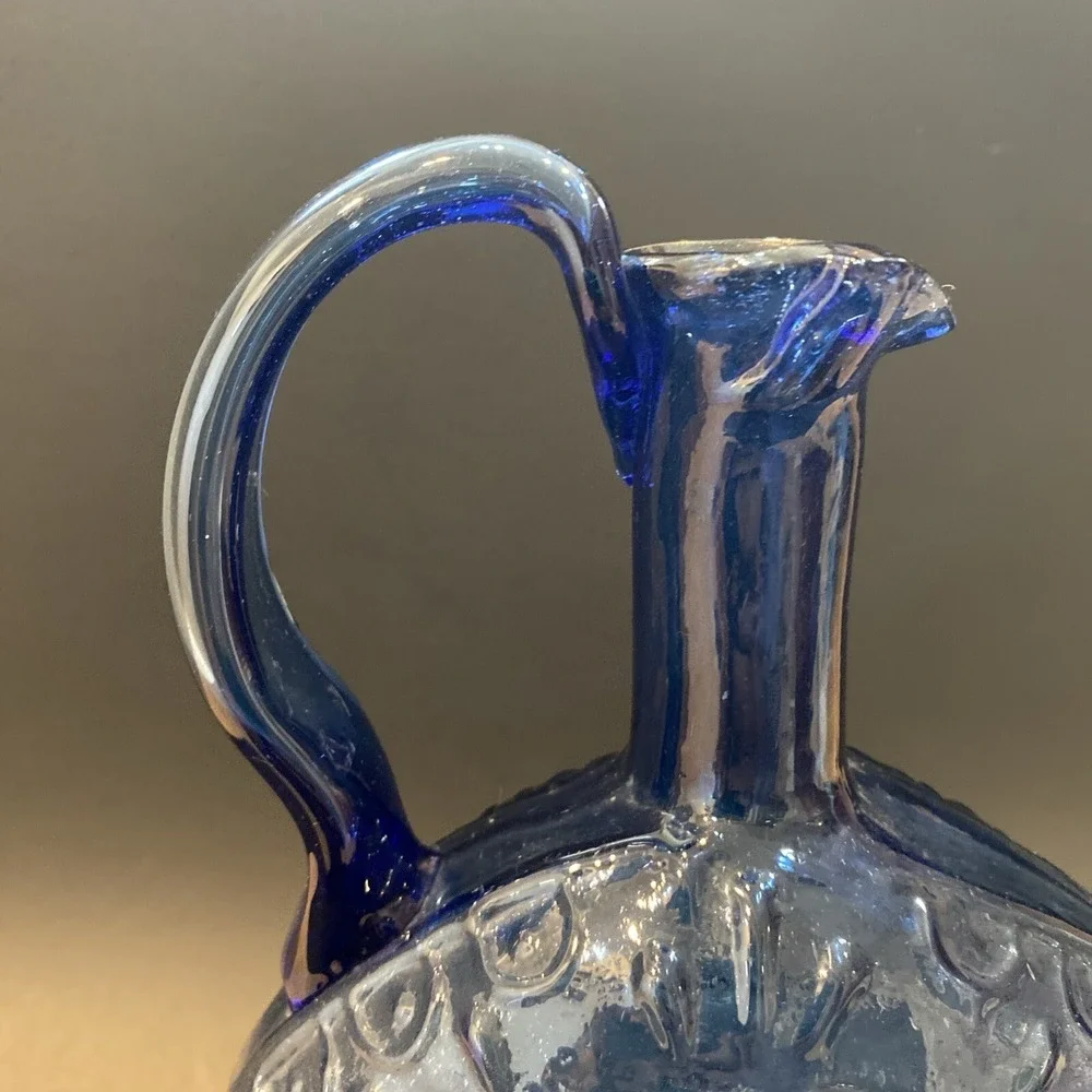 Vintage Hand Blown Cobalt Blue Raised Design Pitcher Vase Handled Jug 9.5